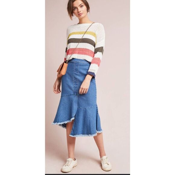 Yumi Anthropogie Women’s‎ Asymmetric Raw Frayed Hem Denim Peplum Midi Skirt Blue - Picture 1 of 10